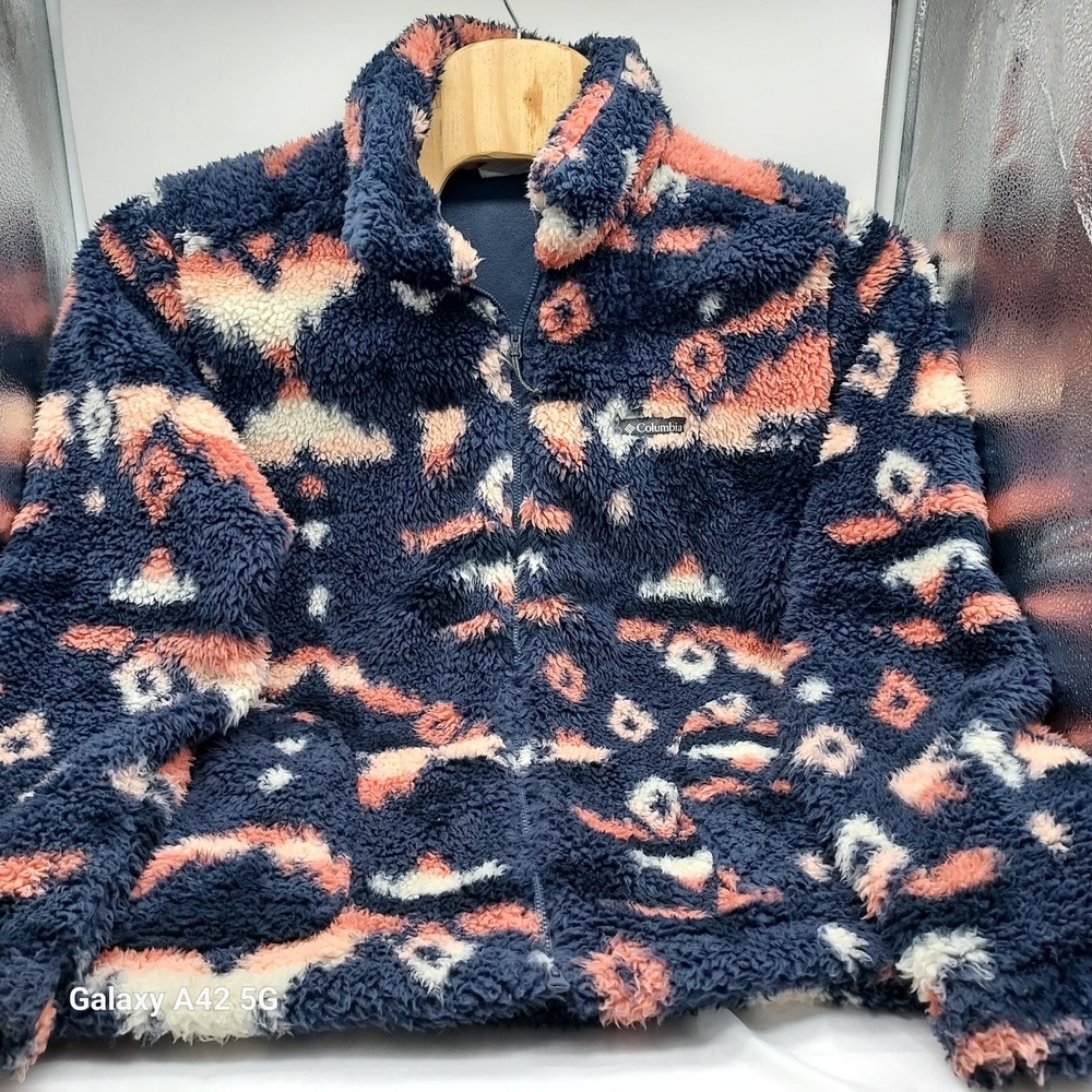Columbia Sherpa Fleece Jacket Womens XXL Blue Pink Southwest Full Zip AL2904